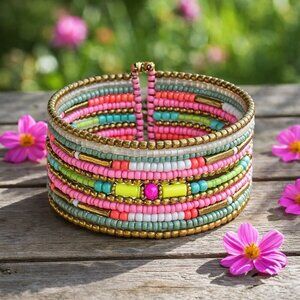 Indian Beaded Cuff Bracelet Wide Bangle Multicolor Seed Bead Boho Hippie Jewelry